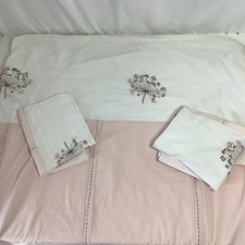 BHS Double Duvet Cover Bedding Set Pink Embroidered Floral Pintuck White 