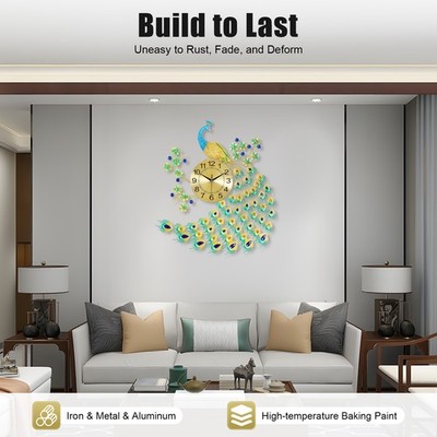 8'' Peacock Wall Clock 3D Metal Large Watch Living Room Wall Clock Watch Decor
