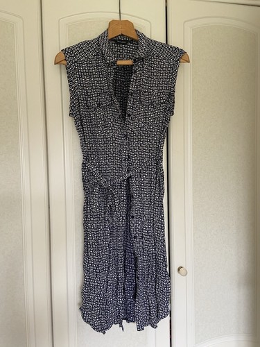Size 12 New Look Button Up Dress Navy And White Small Print Pattern