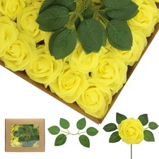 100PCS Yellow Artificial Flowers Roses Real Looking Foam Fake Roses with Leav...
