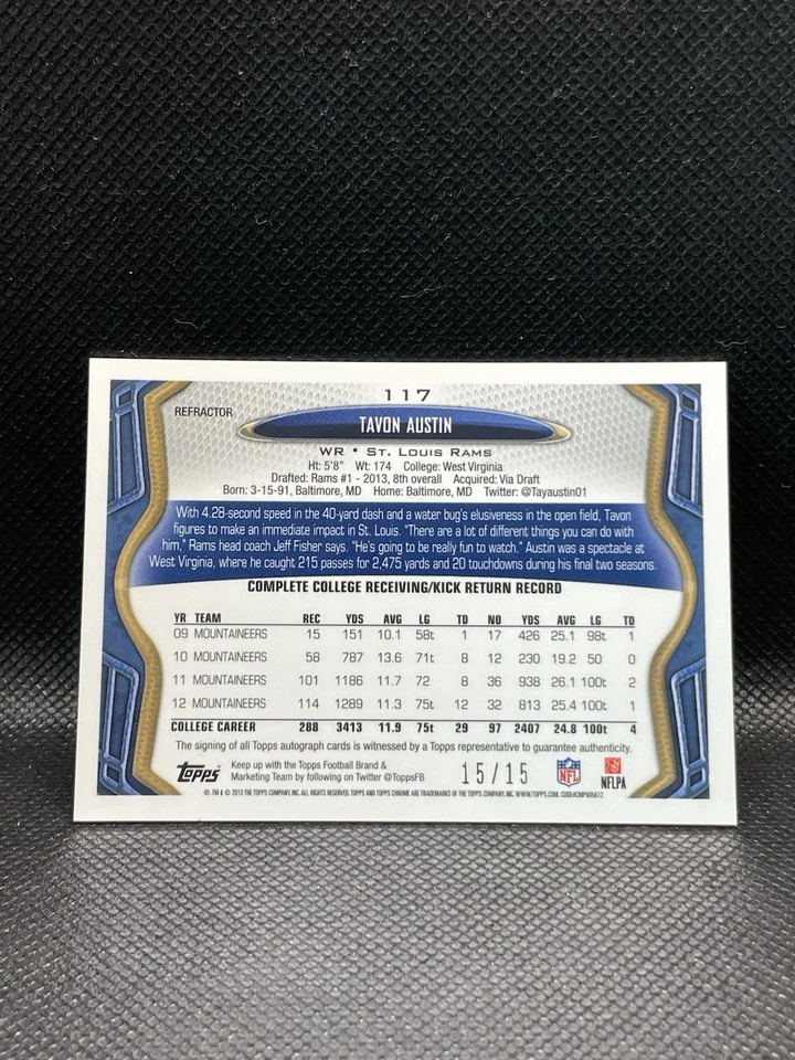 2013 Topps Chrome Tavon Austin #117 Prism Refractor Rookie Auto /15 SSP Rams - Image 2 of 3