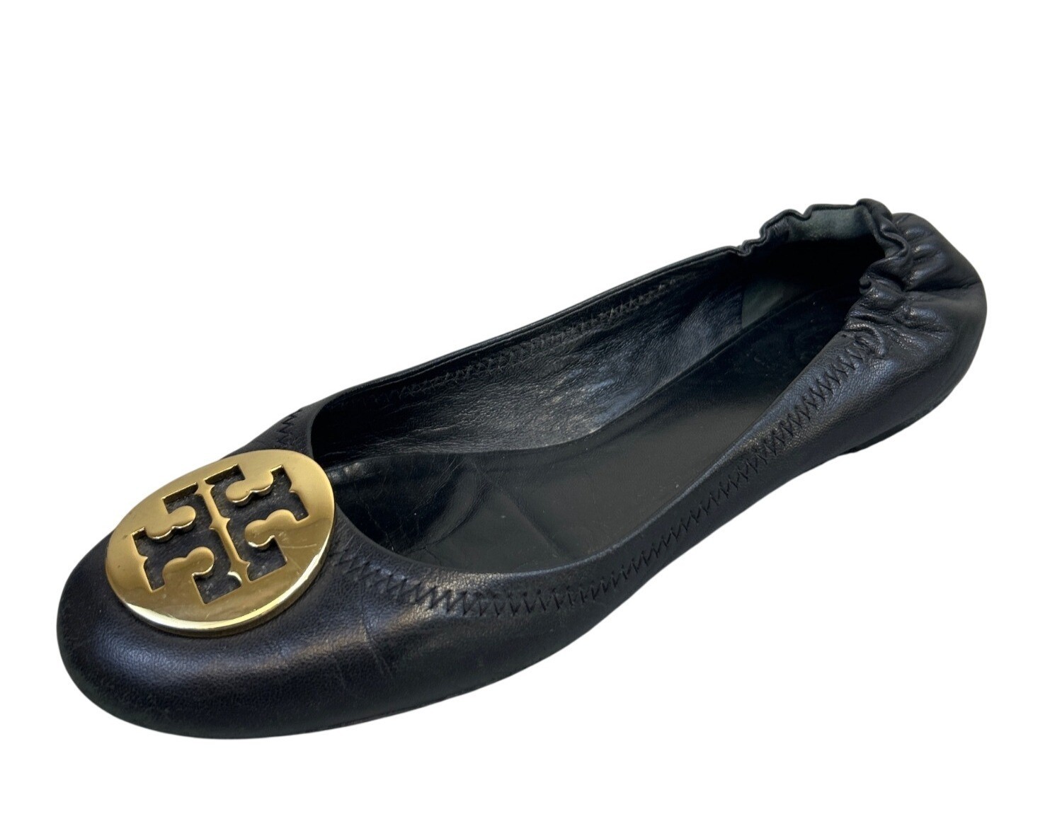 Tory Burch Black Leather Ballet Flats 8 Gold Logo Medallion Minnie Reva Shoes