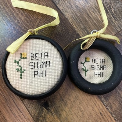 Beta Signa Phi Vintage Cross Stitch Christmas Ornaments Handmade Lot Of 2 1980 s