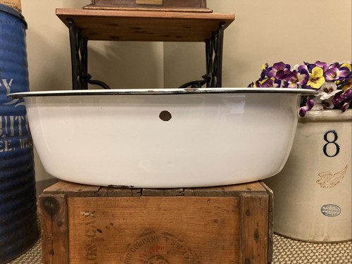 Large Enamel Ware Tub Basin Oval Wash Bowl 25” White Black Baby Bath Farmhouse - Picture 2 of 22