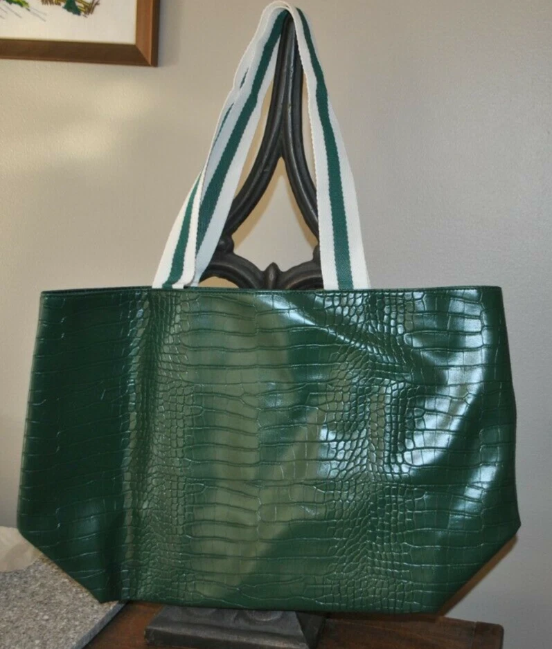 Saks Fifth Avenue Green Faux Croc Leather Tote Bag Purse Travel