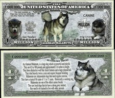 Alaskan Malamute Dog Million Dollar Play Funny Money Novelty Note K+ FREE SLEEVE