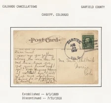U.S., 1909. Colorado Postal History Card, Cardiff - Norrie