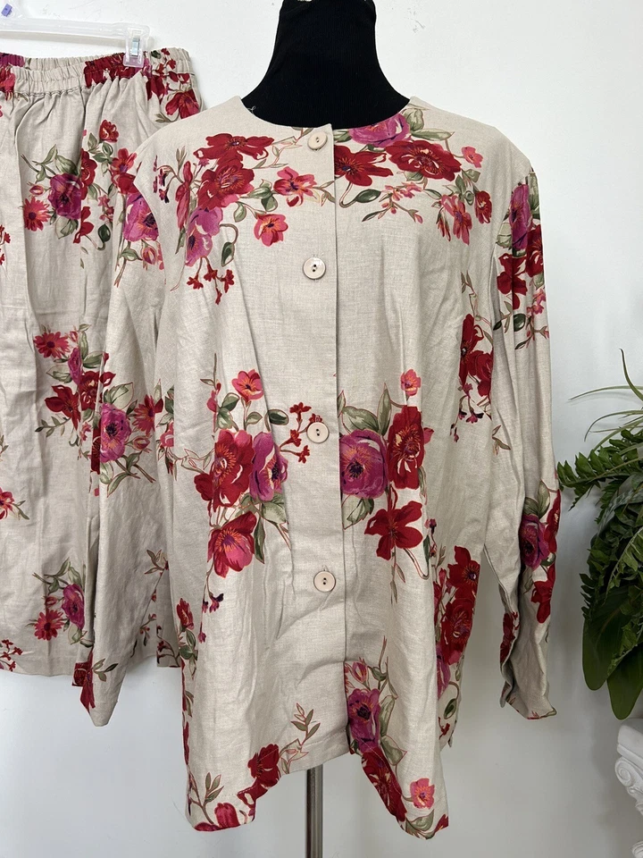 NUEVO CON ETIQUETAS Susan Graver Beige Floral Boho Lino Transpirable Camisa Chaqueta Falda Conjunto Talla 2X Foto 2 de 4