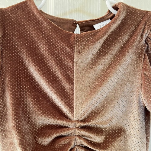 Zara Girls Velvet Metallic Gold Polka Dot Ruched Dress Girls Size 7 - Picture 4 of 11