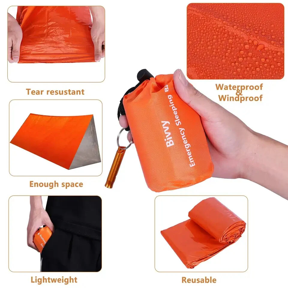 1-20 Manta Térmica Mylar Reutilizable Supervivencia de Emergencia Saco de Dormir y Silbato Foto 4 de 4