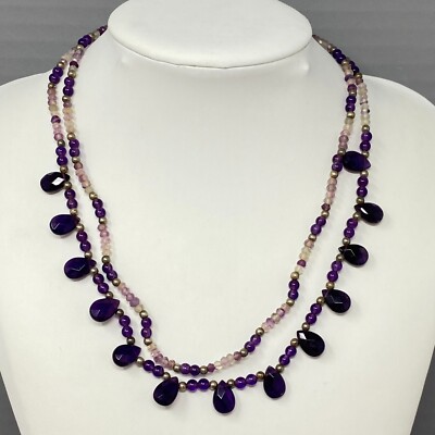 Glass Bead Necklace Purple Dagger Faceted Czech Glass Rondelle Double Strand 19''