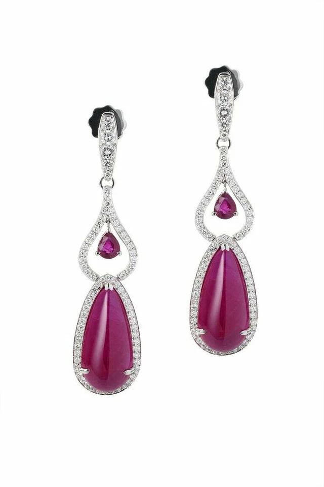 25.98CT Ruby Cabochon & 1.78CT Simulated Sapphires Drop Dangle Gorgeous Earring - Image 2 of 4