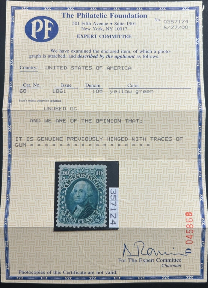 Scott#: 68 - George Washington 10¢ 1861 NBNC sello único sin usar MOG con certificado PF Foto 3 de 3