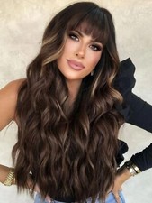 Brown Wig with Bangs for Women Long Wavy Hair Wig Brown Highlight Wig Curly W...