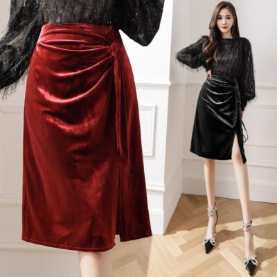 Women Velvet Pleuche Skirt Midi Knee Length High Waist Side Slit Zip  Bodycon