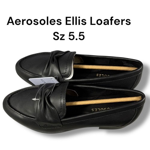 Aerosoles Ellis Black Leather Loafers Comfort Dress Shoes Twisted Bow Detail 5.5