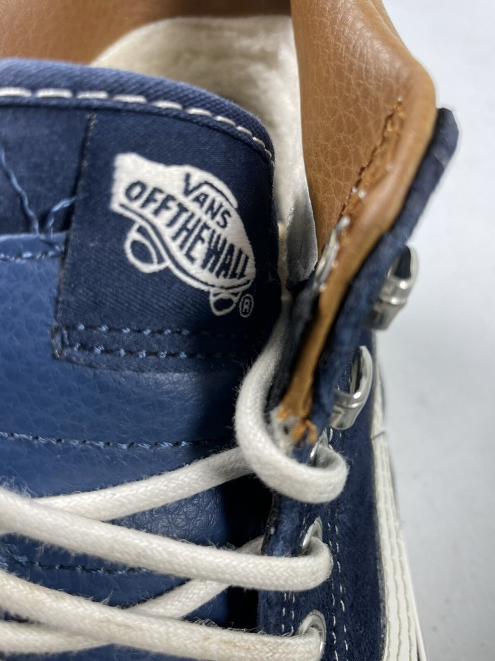 🔥 Vans Blue Leather High Hi Top Skate Shoes Scotchgard Fleece Lined W 8