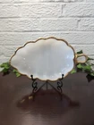 Vintage 1970s MCM White Milk Glass Leaf Candy/Nut Dish  With Gold Trim