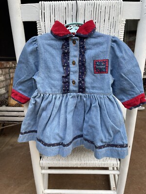  Vtg Bonjour Baby Girl Blue Denim Dress Corduroy & Floral Trim 9-12 mo?