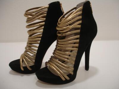 Womens M Michael Kors Cameron Black Suede Metallic Gold Sandals