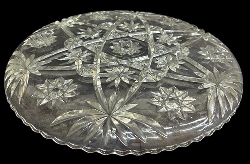 Prescut Cut Glass Cake Plate Antique Star Fan Vintage Round Tray Sawtooth Rim - Picture 5 of 5