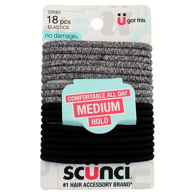 Scunci No Damage Comfortable All-Day Medium Hold Hair Elastics, Black, 18 Ct