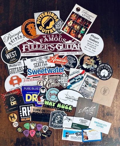Huge Lot of over 40 Guitar Shop STICKERS PICKS PINS Business Cards etc Acoustic