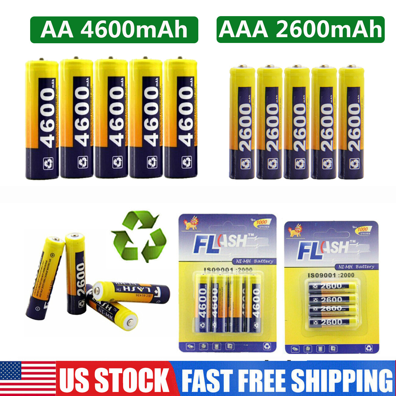High-Capacity AA AAA Rechargeable Batteries 2600mAh 4600mAh 1.2V NiMH Precharged-image