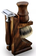 Wood 3PC Shaving Set For Men Brush Double Edge Safety Razor Stand Holidays Gift