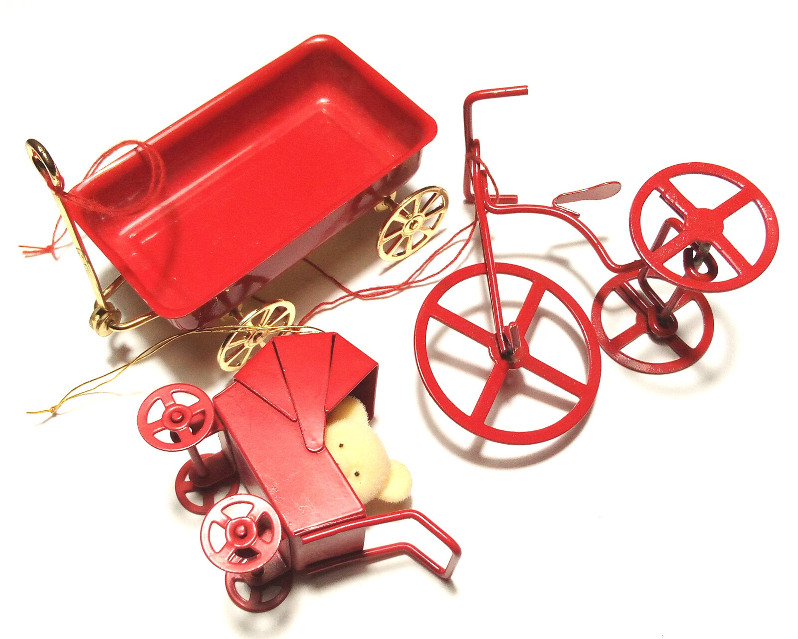 Lot of 3 Vintage Christmas Ornaments Featuring Wagon, Bicycle, and Teddy Bear Stroller