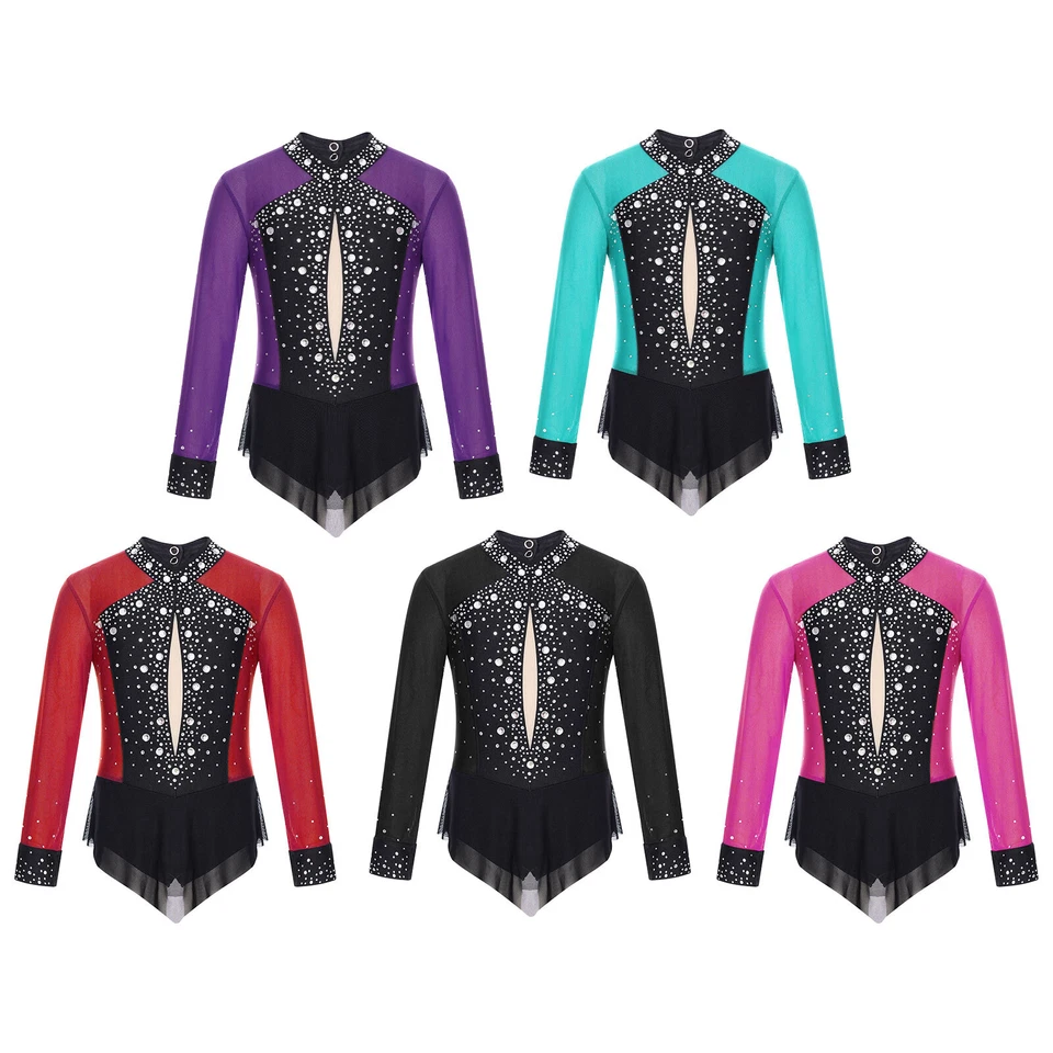 DE Turnanzug Gymnastikanzug Mädchen Langarm Trikot mit Strass Ballett Dancewear - Bild 4 von 4