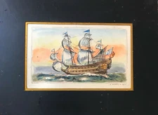 ANTIQUE HANDCOLORED MATTED PRINT FRENCH SHIP OF THE LINE "LE PARFAIT" VG 6"X8"