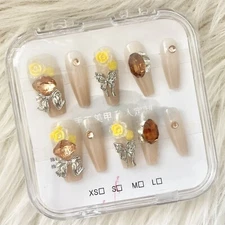 Handmade Yellow Flowers Long Coffin Fake Nail Size S Brand New In Box