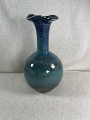 Ombré Ceramic Bud Vase Mottled Blue Green Glaze W/ Spekle Accent Ruffle Rim