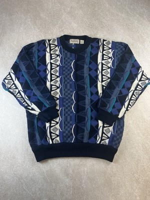 Vintage Cotton Traders Geometrischer 3D Strick Pullover Blau Rundhals Baumwolle Herren L
