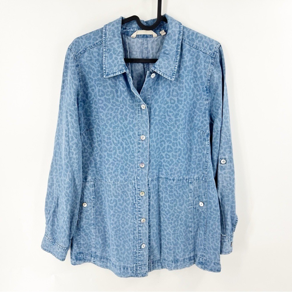✅Soft Surroundings Thelma TENCEL Shirt Denim Leopard Print Top Blue SIZE X-SMALL