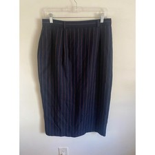 Striped Navy Blue Midi Pencil Skirt with Pockets