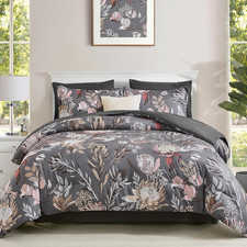 Floral Comforter Set King Bed in a Bag Set,7 Pieces Dark Gray Floral Comforter a