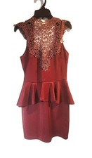 Windsor Exquisite Burgundy Peplum Dress with Shimmering Gold Lace Detail - Sz S