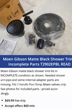 Moen Gibson Matte Black Shower Trim Kit T2902EPBL Handle Head Spout Escutcheon