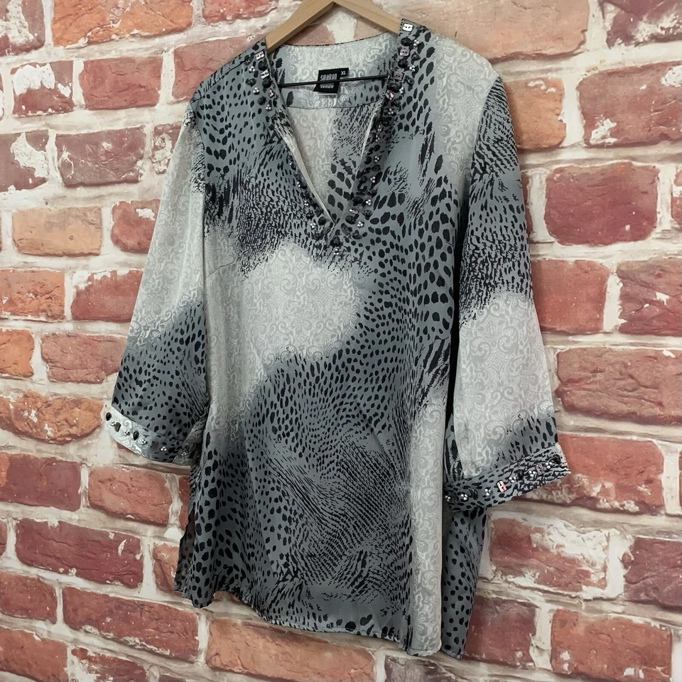 Sharon Young Top Mujer XL Multicolor Floral Abstracto Satén Cuentas Túnica Camisa Foto 3 de 4