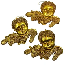 3 X LARGE CHERUB ANGEL CHRISTMAS ORNAMENTS GOLD LEAF ANTIQUE VICTORIAN STYLE EUC