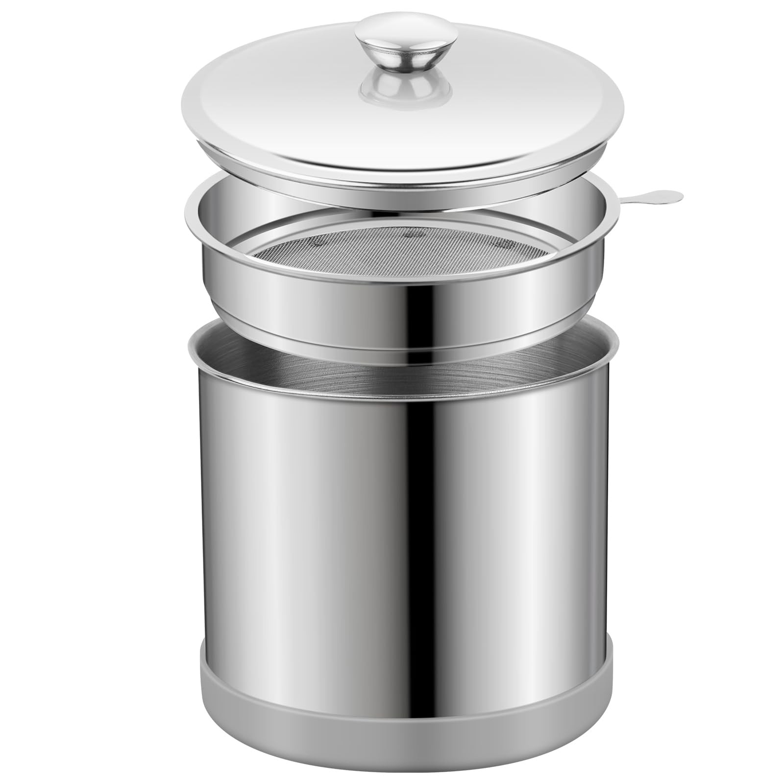 Container, Bacon Grease Storage, Strainer Filter Pot, Silver