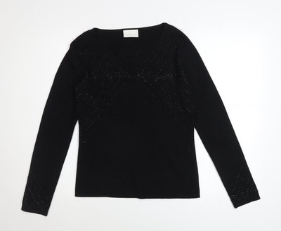Liz Claiborne Damen Schwarz Perlen V-Ausschnitt Langarm Pullover Gr. S