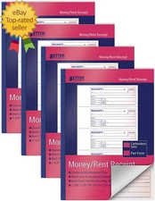 Cash Money and Rent Receipt Books, 4 Pack, Large Size, 2-Part Carbonless (White/