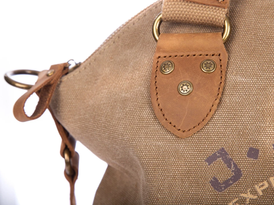 Canvas Leder Tasche Damen groß Umhängetasche Schultertasche Shopper Braun Beige - Bild 2 von 4