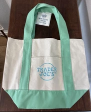 TRADER JOES Mini Canvas Tote Bag Spring 2025 Pastel Green Blue Embroidery
