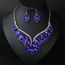 Dainty Elegant Rhinestone Royal Blue Crystal Necklace Earrings Set Women's