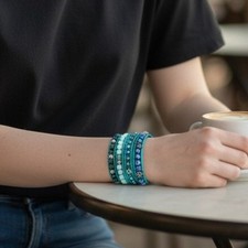 Four Wrap Bead Bracelet Green/Blue Alloy Leather, Glass/ Stone Beads