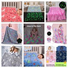 Glow in Dark Kids Blanket Soft Fleece Toddler Bed Throw Unicorn Dinosaur Gift